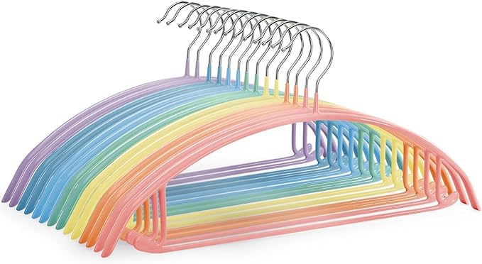 14 Pack Clothes Hanger, 16.5'' Non Slip PVC Coating Metal Sweater Hangers, No Shoulder Bumps, Heavy Duty Colorful Coat Suit Pants Hanger for Closet, Space Saving Organizer, 7 Colors