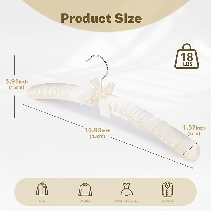 HOUSE DAY Satin Padded Hangers for Women 6 Pack 17 Inch Foam Fabric Bride Hanger for Wedding, Delicate Cashmere(Beige)