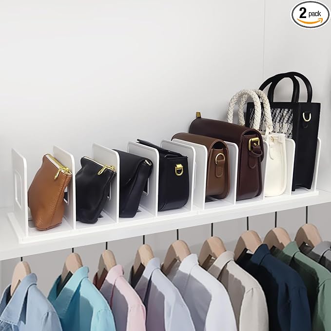 Purse Organizer for Closet Shelf 10 Divider, Adjustable Closet Organizer, Shelf Divider Storage Organizer for Purse and Handbag Closet Shelves - White