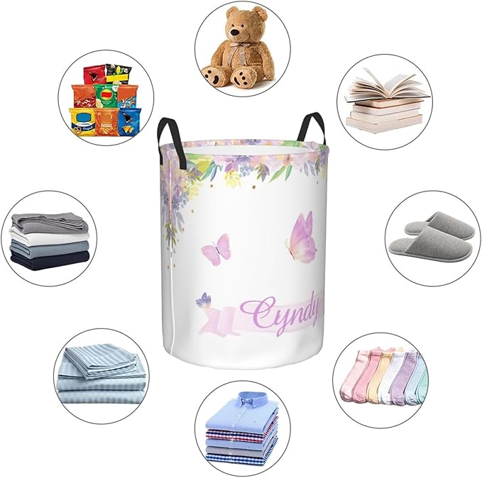Personalized Laundry Basket for Nursery, Custom Nursery Laundry Hamper with Name, Customize Baby Clothes Circular Hamper for Boys Girls Room Decor, Butterfly Floral