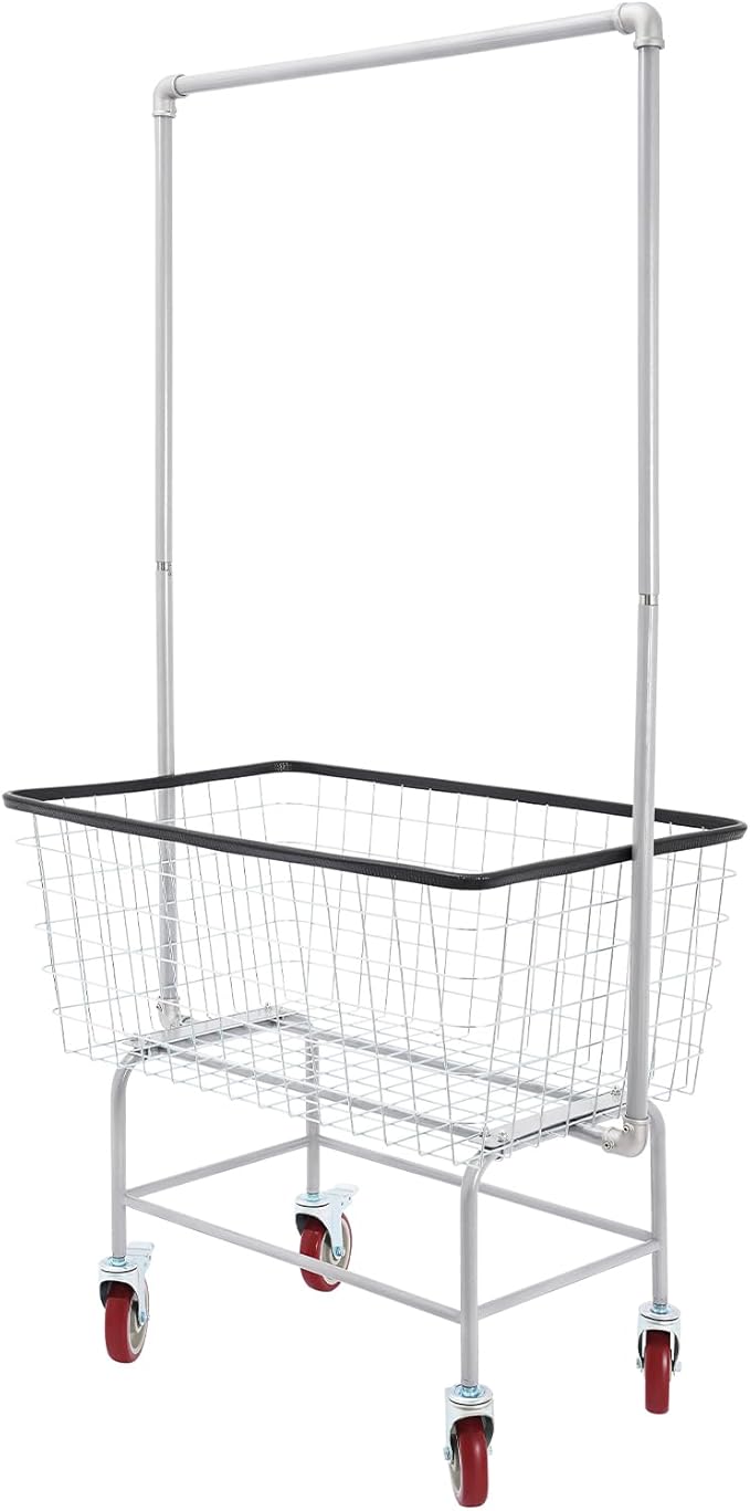 Wire Laundry Cart With Hanging Rack, 2.5 Bushel Wire Laundry Basket with Wheels, Rolling Laundry Hamper with Storage Basket, 28''x22''x67'' Heavy Duty Wire Laundry Basket Cart, 5" Casters