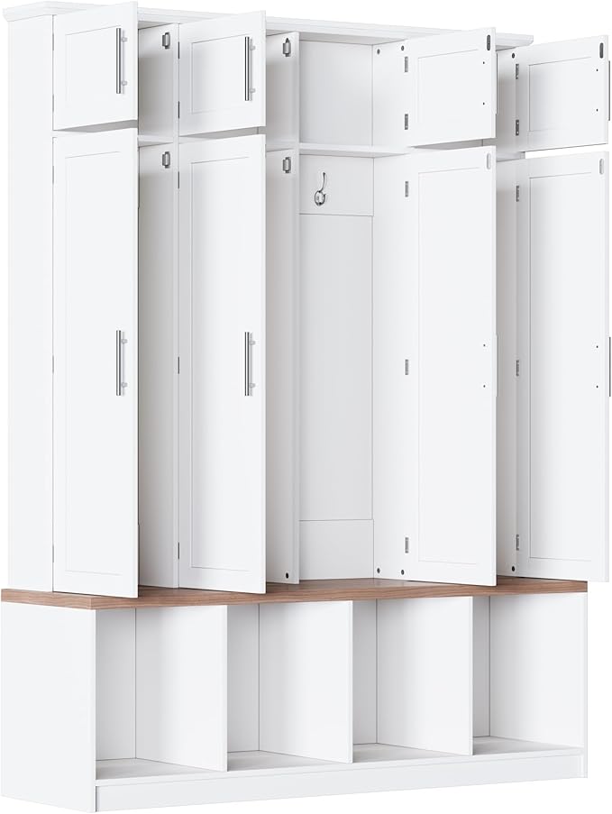 75" H Farmhouse Hall Tree with Storage, Versatile 4-in-1 Coat Hanger with 4 Hidden Hanging Hooks, 8 Doors, Entryway Shoe Cabinet with Open Compartments for Living Room