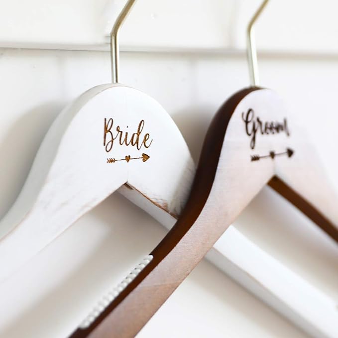 Pair of Wedding Hangers for Bride and Groom, Bridal Wedding Gift, Wood Dress Hangers