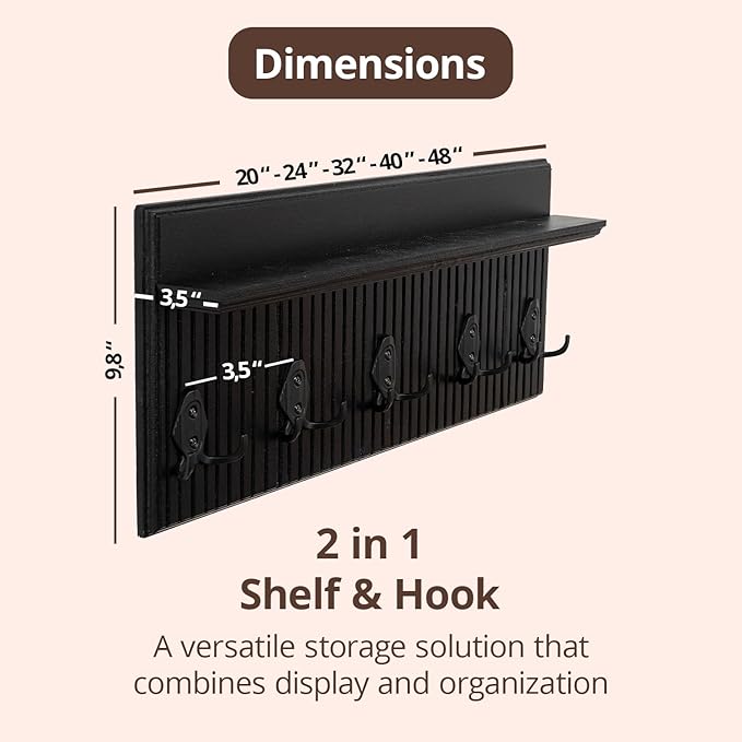 Rustic Wall Mounted Coat Rack with Shelf Wooden Entryway Organizer with 5 Metal Hooks for Coats Hats Towels Keys Floating Storage Shelf for Bathroom Bedroom (Black, 32 inch Striped (4 Hooks))