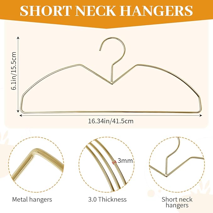 LemonRoad 30 Pack Short Neck Metal Hangers for Clothes 16" Heavy Duty Stainless Steel Wire Closet Hangers Ultra Thin Space Saving for Home Dorm Laundry (Gold,Wire Short Neck)