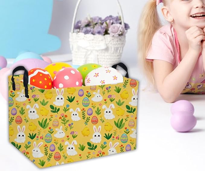 Easter Basket for Kids Gift Bunny Easter Basket Empty Baby Basket for Boys and Girls Cute Storage Basket Organizer Bin Box.(yellow eggs)