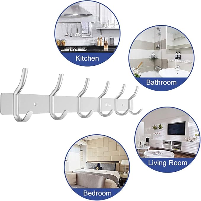 Wall Mounted 16 inch Coat Hanger Rack 6 Hooks Aluminum Alloy Silver for Kithchen Bathroom