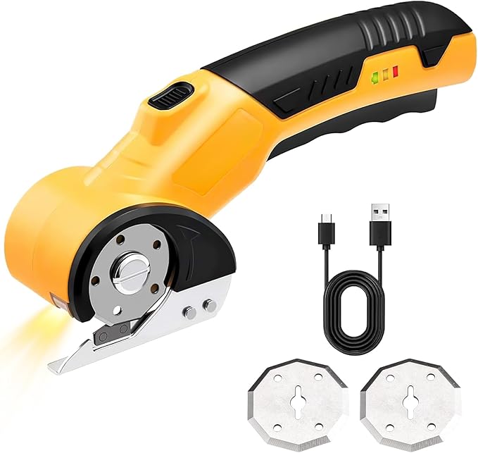 HomeBeyond High Speed Cardboard Cutter, Box Cutter Fabric Scissor with Safety Lock, LED Light & Replacement Blade, Rechargeable Cordless Electric Scissors for Cardboard, Fabric, Leather, Carpet