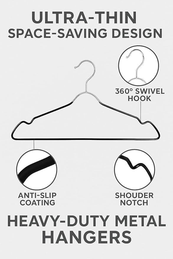 Pack of 48 Heavy Duty Metal Hangers with Shoulder Notch - Stainless Steel Wire Clothes Hangers, Ultra-Thin, Non-Slip, Space-Saving Design for Coats, Shirts, Dresses - Perfect for Closets and Wardrobes