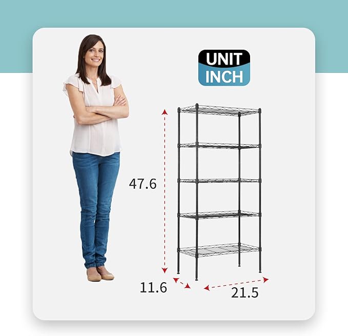 5-Tier Heavy Duty Metal Storage Shelves, NSF Certified Adjustable Wire Shelving Unit with Leveling Feet, 750 LBS Capacity Metal Rack for Garage, Kitchen, Pantry,Office,Black, 21.5"L x 11.6"W x 47.6"H