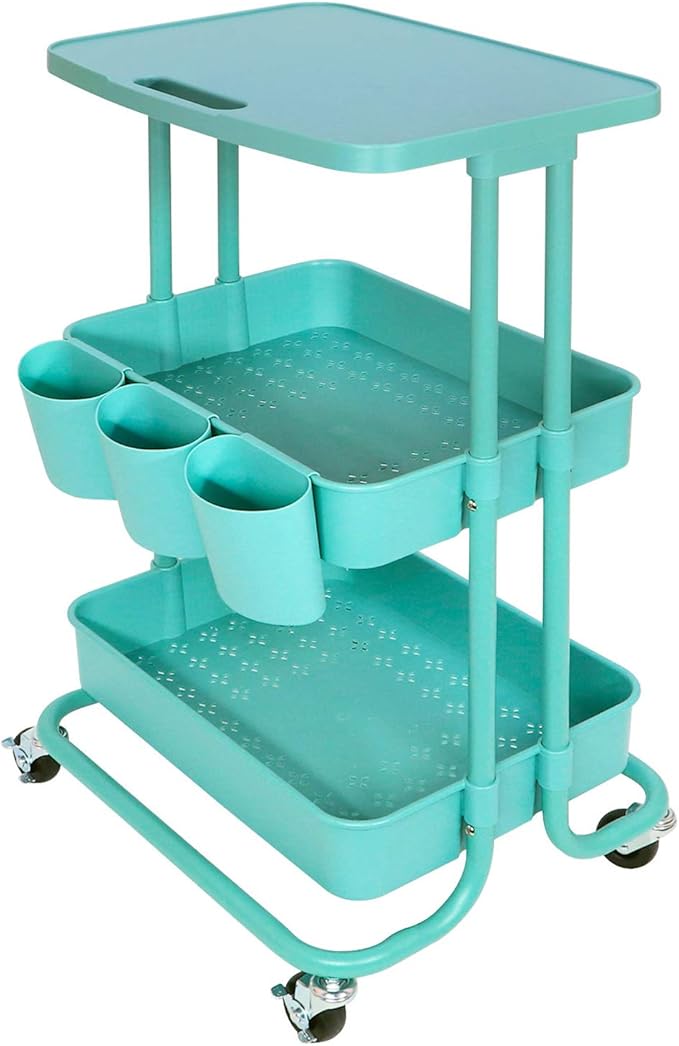 3 Tier Rolling Cart with Table Top Small Storage Utility Cart on Wheels School Offices Supplies Mobile Cart with 3 Organizer Cups, Metal Frame w/Plasitc Trays(Teal)