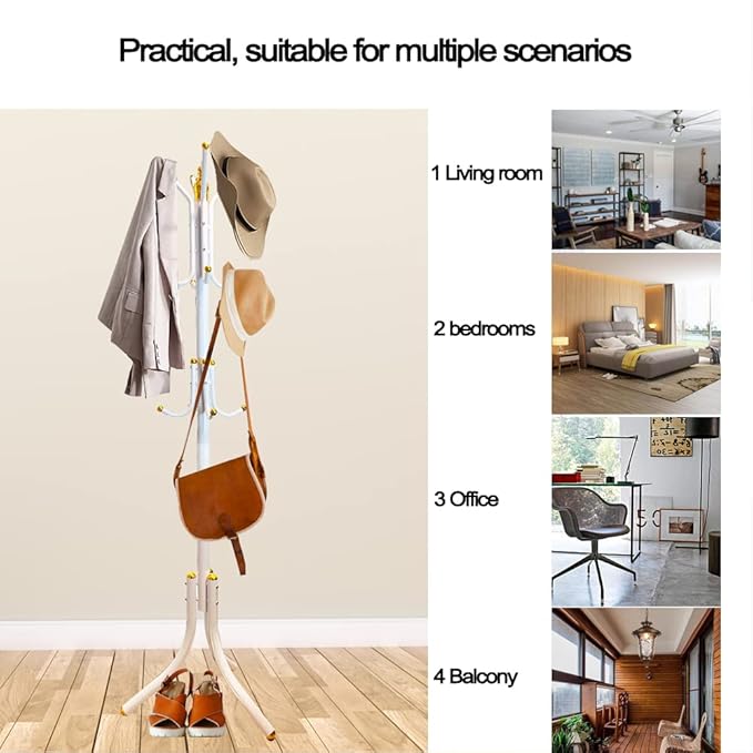 Free-Standing Coat Rack Metal Stand Hanger 12-Hooks Organizer, Hall Tree Entry-Way Furniture for Hanging Up Jacket, Hand-Bag, Cloth, Hat, Winter Scarf Holder for Home or Office Floor White