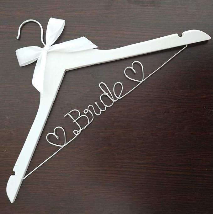 The Bride's Wedding Gift, Wooden Wedding Dress Gown Hanging Wire Letter Hanger (White and Silver Thread)