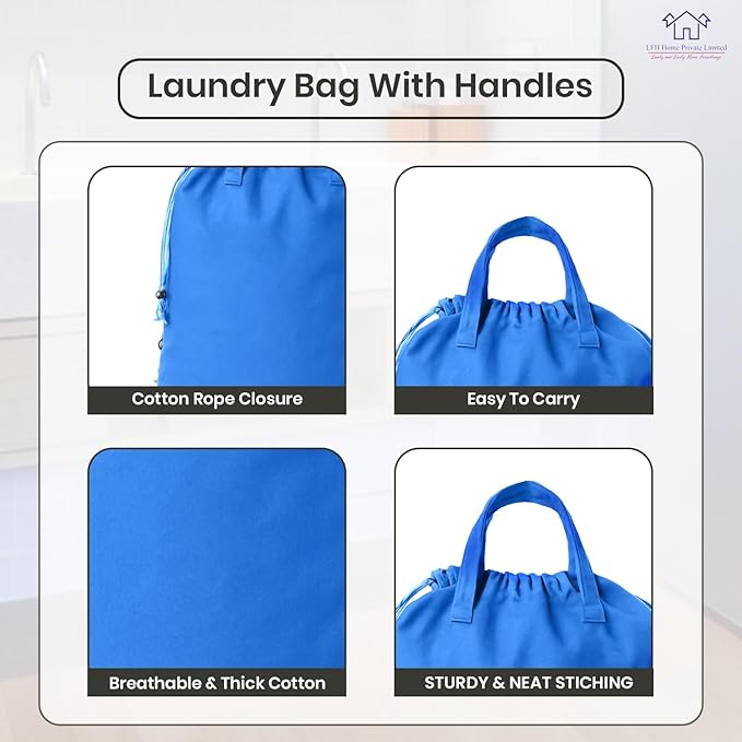 LFH Home Cotton Canvas Large Laundry Bag with Handle, Heavy Duty Drawstring Closure Washable Laundry Bags, School Travel, Home, Hotel, College Dorm, Organizer Sack, Toys Clothes 28x40-Sky Blue