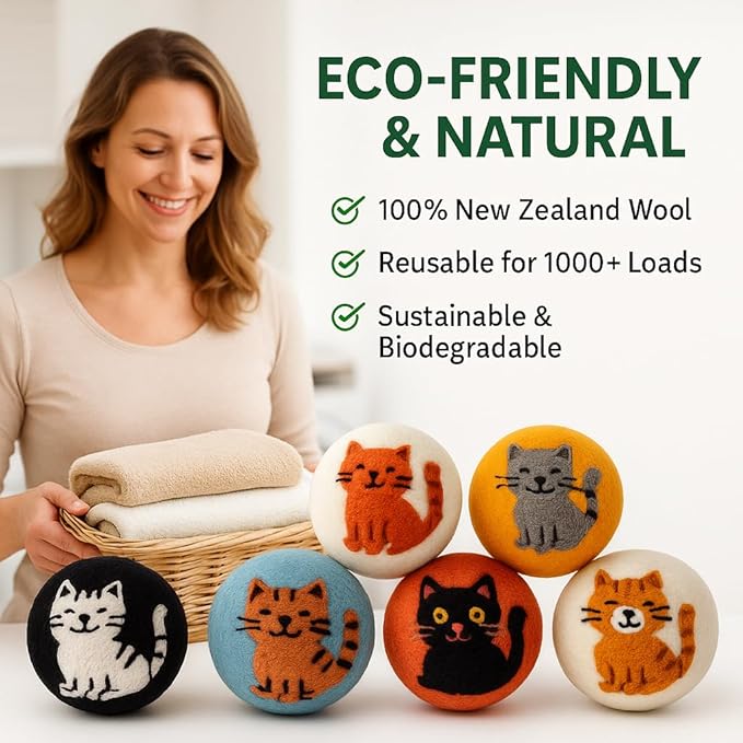 Laundry Wool Dryer Balls | Natural Fabric Softener – Reusable, Eco-Friendly, Reduces Drying Time – Wool Balls Replaces Dryer Sheets - 6 XL Pack - Laundry Balls for Dryer