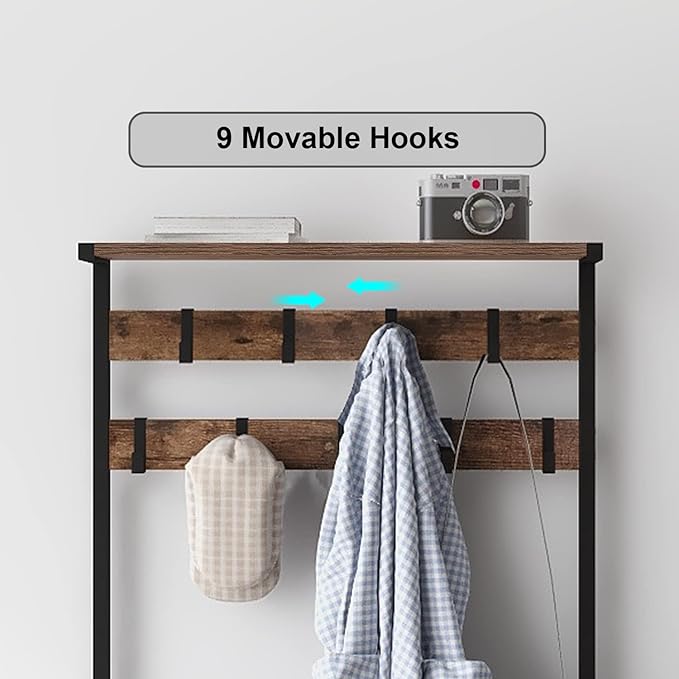 GiftGo Vintage Large 5-Tier Hall Tree with Console Table Entryway Coat Rack Floor Standing Shoes Rack Storage Shelf Organizer for Home Office Bedroom (Rustic Brown)