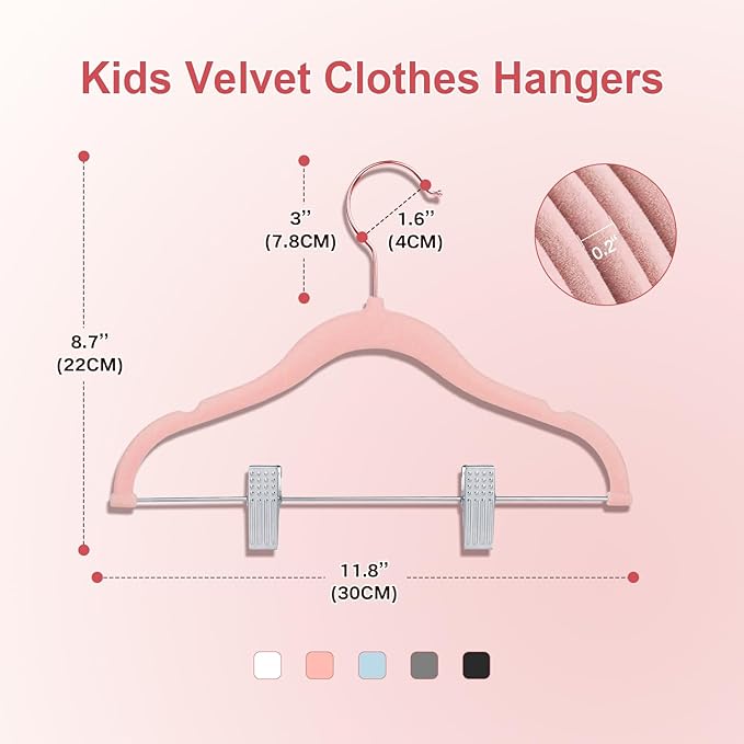 Baby Hangers with Clips, 24 Packs Kids Velvet Clothes Hangers, Heavy-Duty Childrens Pant Hangers for Shirts, Pants, Skirts, Dresses, Jackets, Coat Pink - Rose Gold Hook