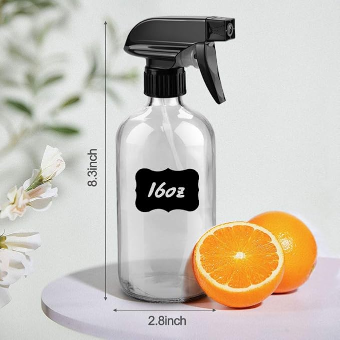 Glass Spray Bottles, 16oz Clear Glass Spray Bottles with Labels & Adjustable Nozzle, Reusable Containers for Cleaning, BBQ, Food, Plants, Alcohol, Essential Oils(3 Pack)