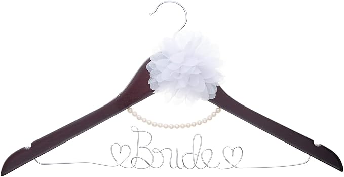 Ella Celebration Bride to Be Wedding Dress Hanger Wooden and Wire, Accented with Pearls and A Flower Bridal Hangers for Brides (Mahogany with Silver Wire and Pearls)