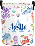 Large Custom Name Laundry Hamper, Ocean Sea Personalized Dirty Clothes Hamper Storage Basket with Name for Bathroom Bedrooms, Customized Name Circular Hamper with Handles for Baby Boys Girls Men Women