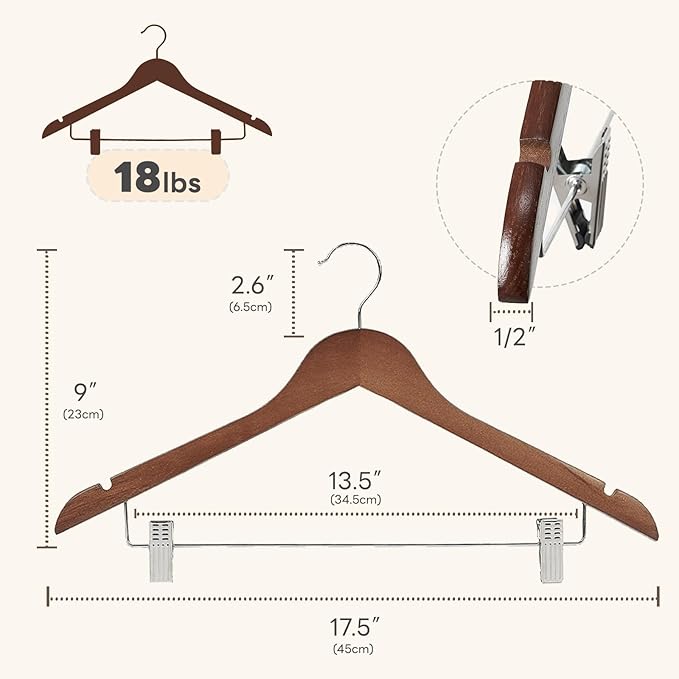 HOUSE DAY Wooden Hangers with Clips 12 Pack, Heavy Duty Walnut Wood Pants Hanger, Premium Skirt Hanger with Adjustable Clips, Solid Clip Hangers for Suit, Blouse, Dress, Coat, Jacket, Bottom