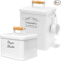 SSTATES Laundry Room Organization Set, Metal Laundry Detergent Pods Container and Dryer Sheet Holder with Lid, Laundry Powder Storage Bin with Scoop for Farmhouse Decor, (2 Pack, White)
