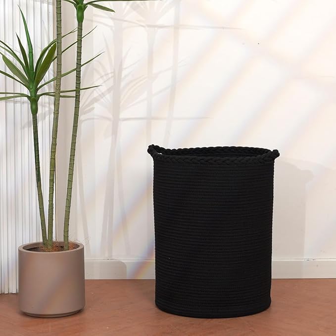 58L Woven Laundry Basket,Cotton Tall Laundry Hamper for Blankets,Clothes,Pillows,Toys,Shoes Large Laundry Bin Black