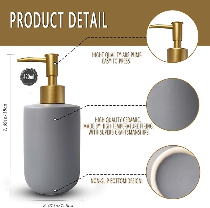 Gray Hand Soap Dispenser with Gold Pump for Bathroom and Kitchen, Refillable Countertop Lotion, 420ml Cylindrical Bottle