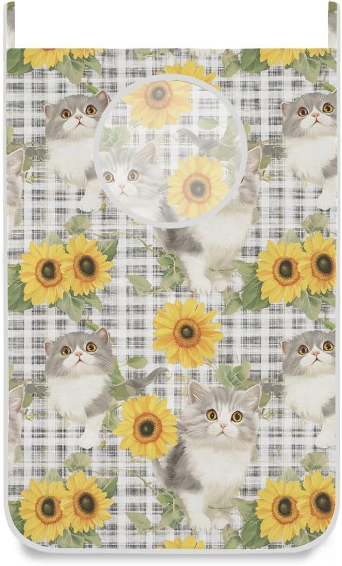 Hanging Laundry Hamper with Stainless Steel Hooks,Oxford Fabric Printing Door Laundry Clothes Bag, 29.5X20inch 2PCS Grey Gingham Scottsih Fold Cat Sunflower