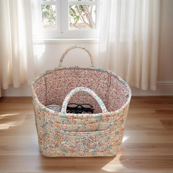 Quilted Fabric Storage Basket Boho Floral Laundry Baskets with Handles Collapsible Quilted Soft Basket for Car, Clothes, Toys Storage