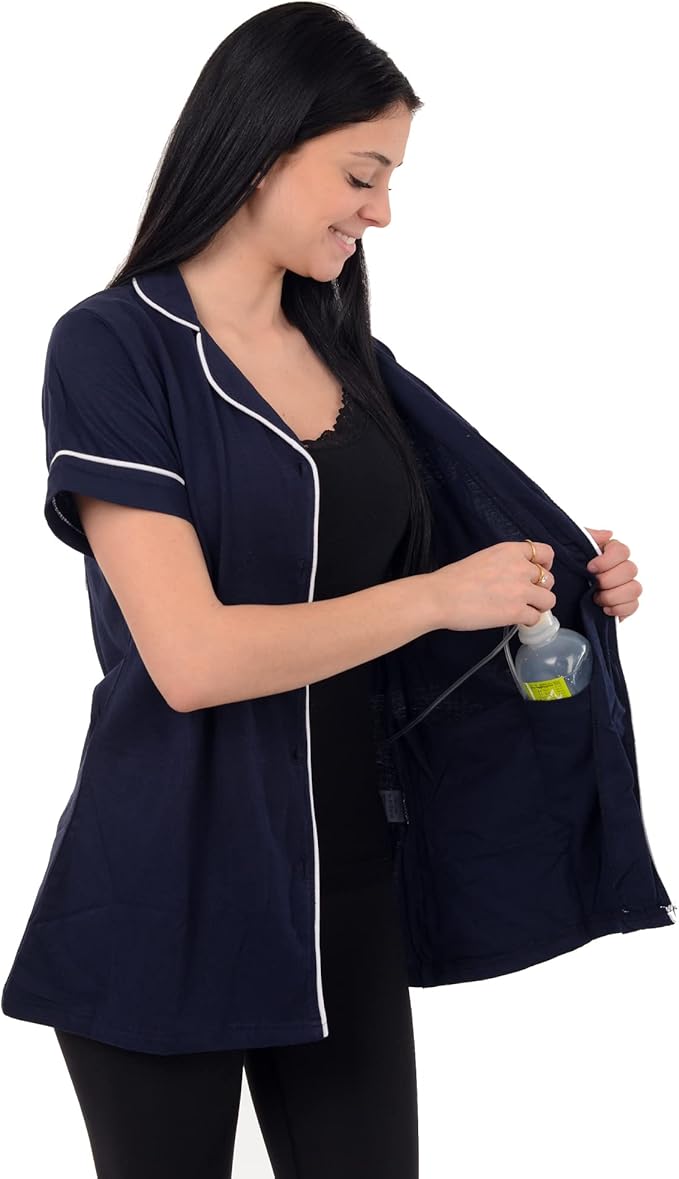 USBD Post Mastectomy Shirt with Drain Pockets Lapel Collar Post Op Button Down Recovery Tops