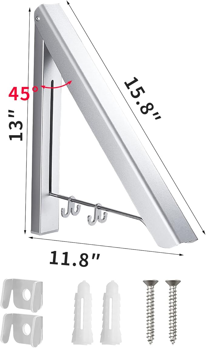 Dr.DJ Retractable Clothes Rack Wall Mounted Clothes Hanger - Foldable Clothes Drying Rack Wall Mount Coat Hangers for Laundry Indoor, Aluminium (1 Rack, Silver)