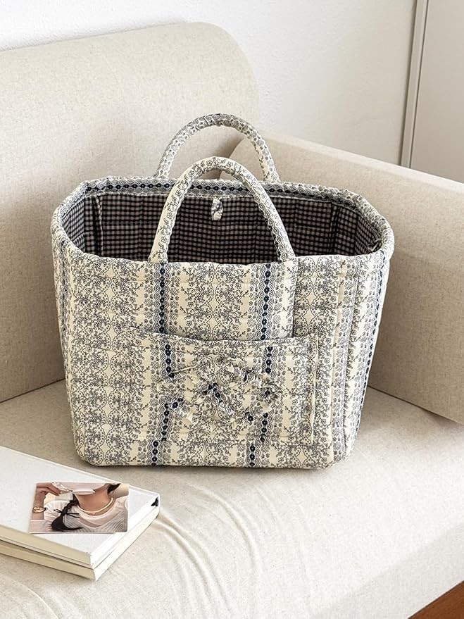Quilted Laundry Basket Floral Storage Basket Cute Fabric Laundry Baskets Large Boho Foldable Nursery Hamper (Floral07)
