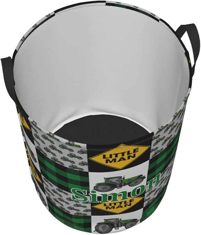 Green Farm Tractor Tractor Personalized Laundry Hamper Custom with Name Collapsible Waterproof Storage Basket with Handles for Bedroom Decor Gift.