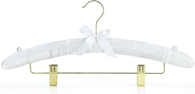 HANGERWORLD Pack of 5 White Satin Padded Hangers with Clips for Skirts, Pants & Sweaters with Non-Slip Buttons, Pretty Hanger for Women Clothing - 17 Inch