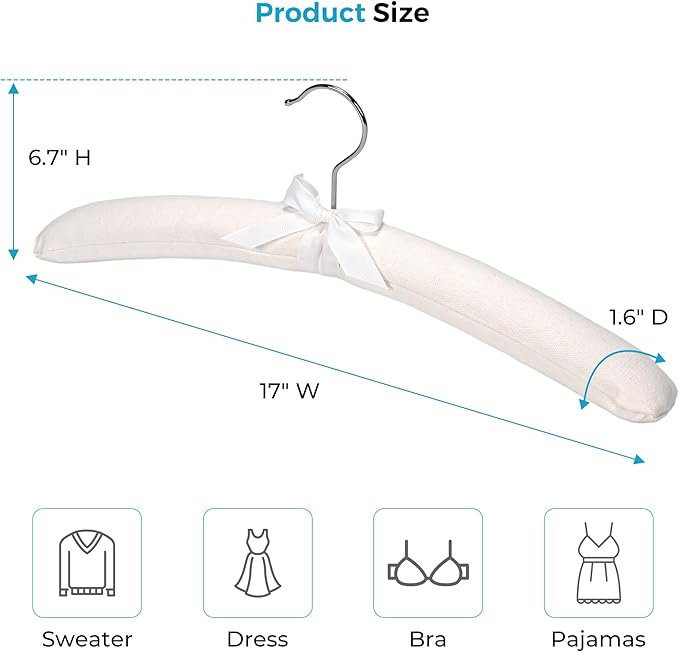 JS HANGER Padded Hangers - 17 Inch Extra Large Heavy Duty Cotton Covered Coat Hangers No Shoulder Bump for Women Clothes, Sweaters, Dresses, Clothing, Weddings, Lingerie Pack of 10, Cream White