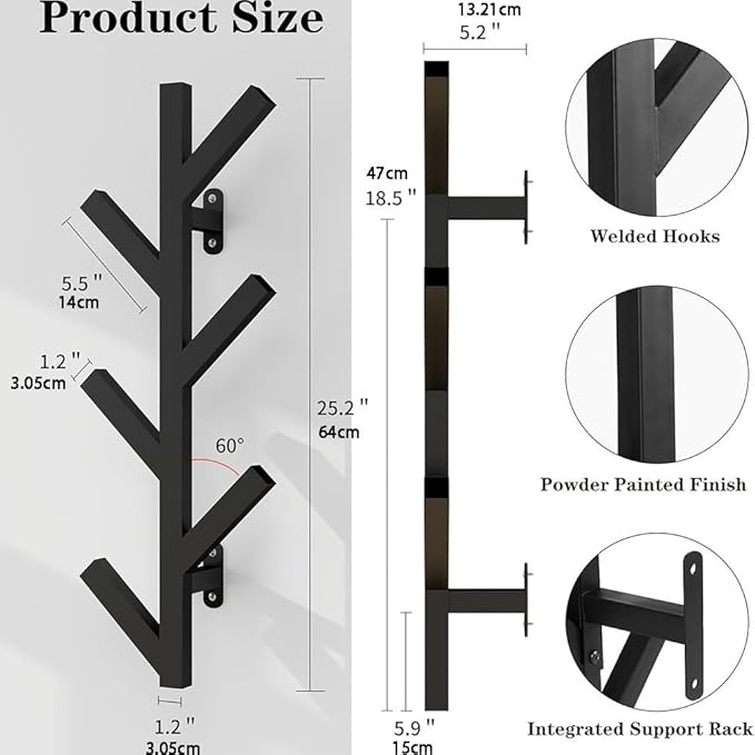 Vlush Wall Mounted Metal Coat Rack with 6 Hooks Modern Minimalist clothes rack, Upright Coat Rack for Hanging Clothes, Hats, Hanging Bags and Scarves Entrance Wall Iron Coat Racks (Black)