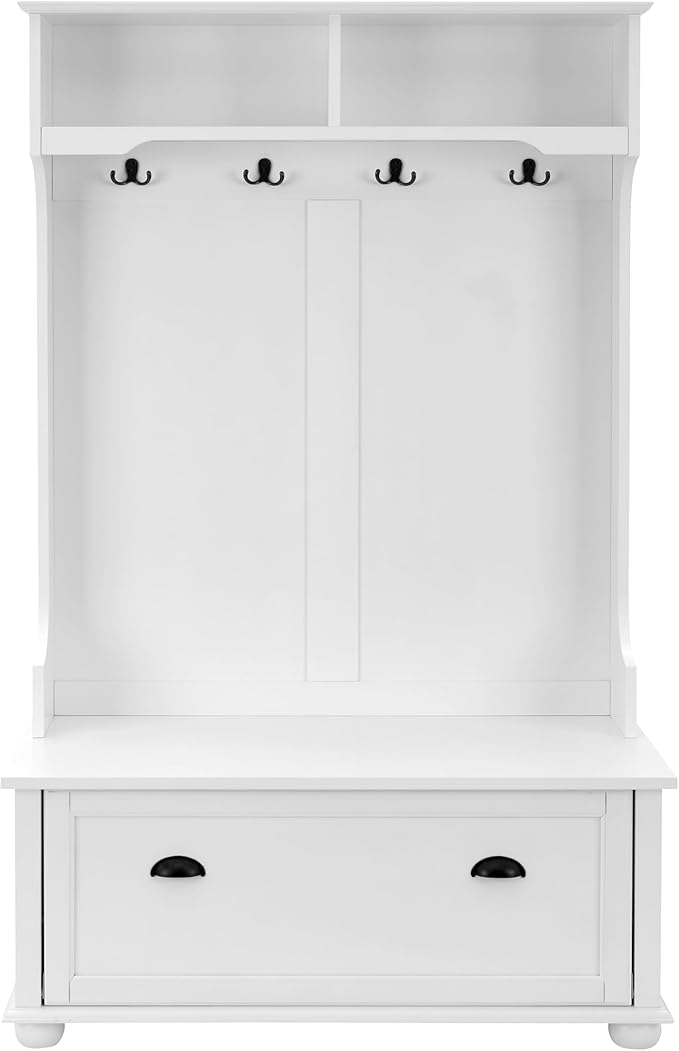 4-in-1 Design Hall Tree Coat Hanger with 4 Hooks and with Two Top Open Storage Shelves, Wood Entryway Coat Rack with Storage Bench for Entrance Hallway (White-3)