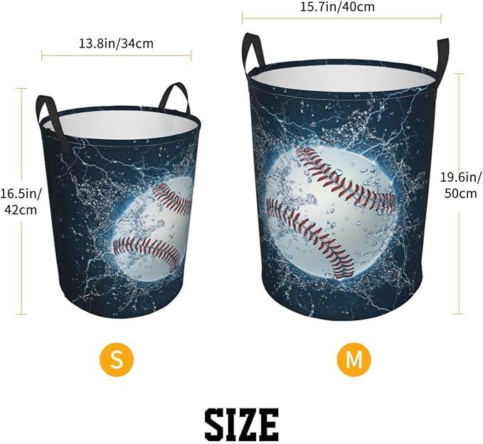 Dujiea Baseball Laundry Basket Round with Handle, Collapsible Foldable Canvas Storage Bin Dirty Clothes Bag for Laundry/Toys Organizer/College Dorm/Nursery/Decor(2 Sizes)