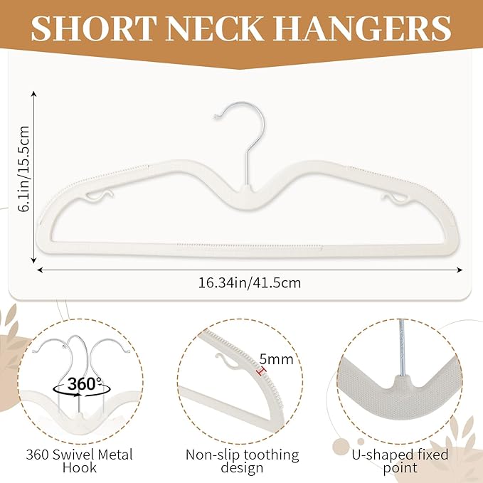 LemonRoad 50 Pcs Upgraded Plastic Short Neck Hangers, Anti-Slip Space Saving Hangers with 360 Swivel Hooks for Clothes, Smooth, Not Velvet (Beige)
