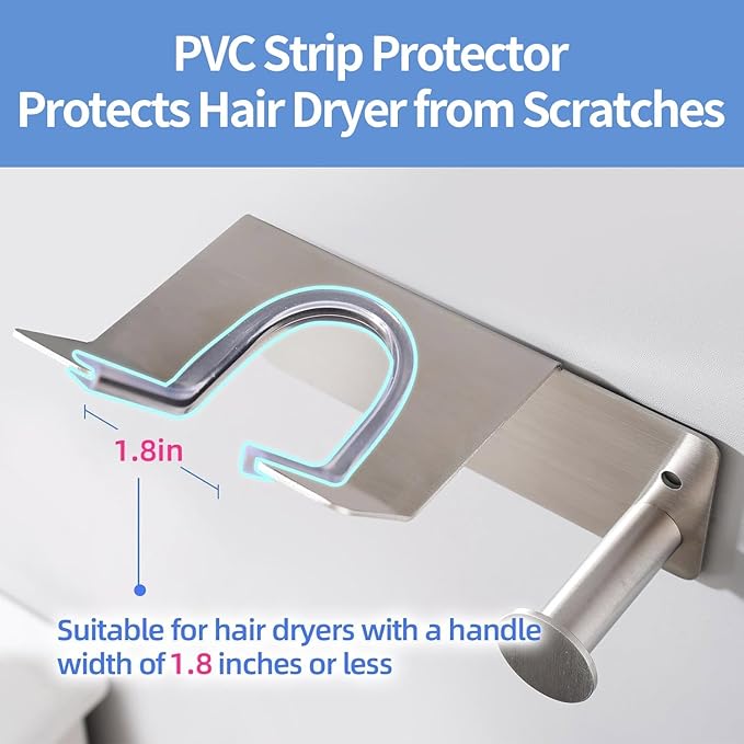 Hair Dryer Holder, Dyson Hair Dryer Holder, Blow Dryer Holder with Cord Hook SUS304 Stainless Steel Wall Mount, Self Adhesive/Screw Space Saving Hairdryer Holder for Bathroom Silver