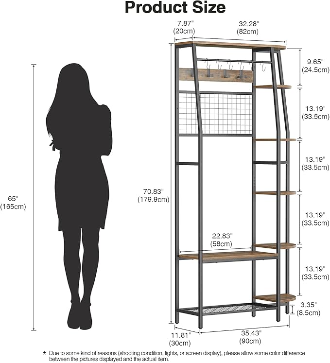 Giluta Coat Rack, 70" Hall Tree with Bench and Shoe Storage, Freestanding Entryway Coat Storage Rack with Hooks and Wooden Storage Shelves for Entryway, Living Room, Bedroom