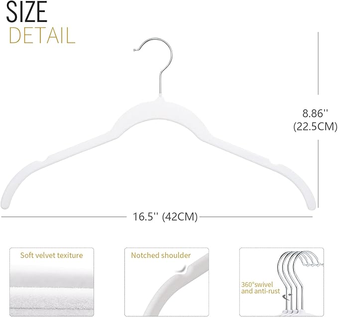 ManGotree Velvet Shirt Hangers for Women, 16.5'' Suit Hangers with Shoulder Groove, Non-Slip Dress Clothes Hanger for Coats, Tank Tops, Shirts, Blouses, Shorts (22 Pack, White)