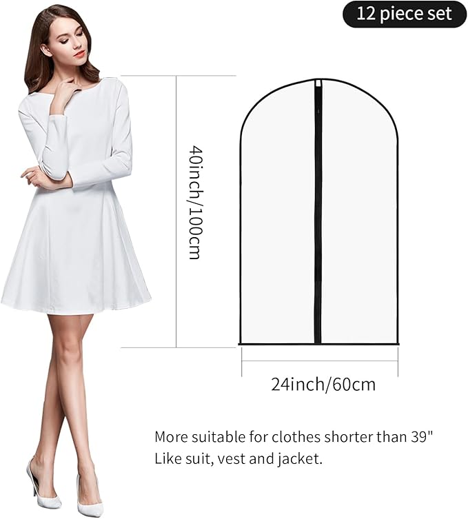 12 Pack 40" Garment Bags Clothes Covers Protecting Dusts for Hanging Clothes, Suit Bags with Zipper Suit Bags Clear Garment Bag for Travel, Closet Storage, Coat, Dress, Shirts