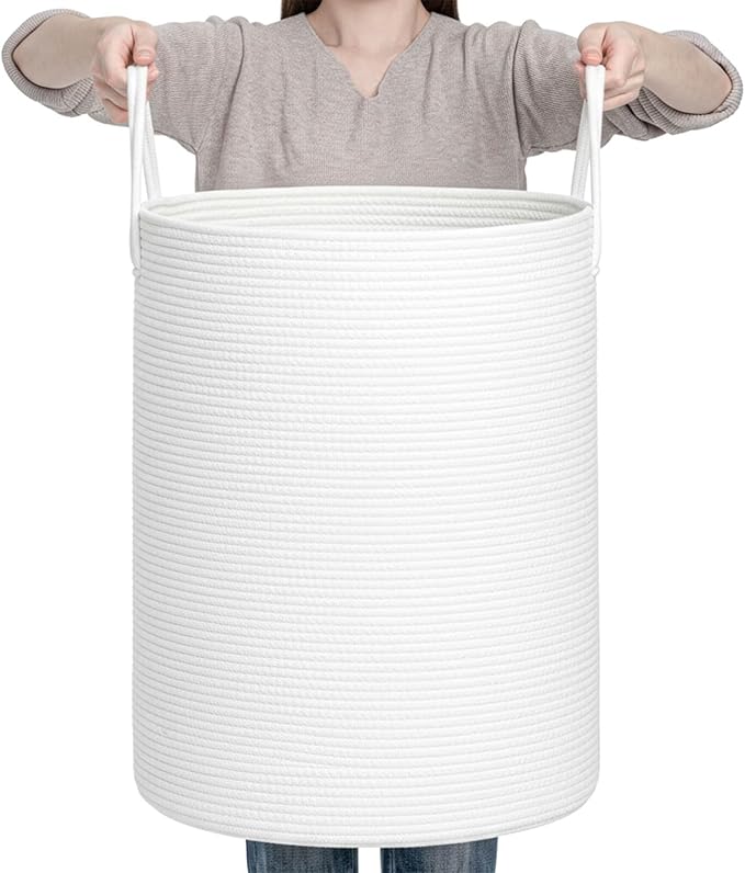 CLHMILY&Z Laundry Hamper Round Storage Rope Basket in Living Room, Bedroom, Laundry Room for Toy, Clothes, Blanket, Pillow (White, 80L)