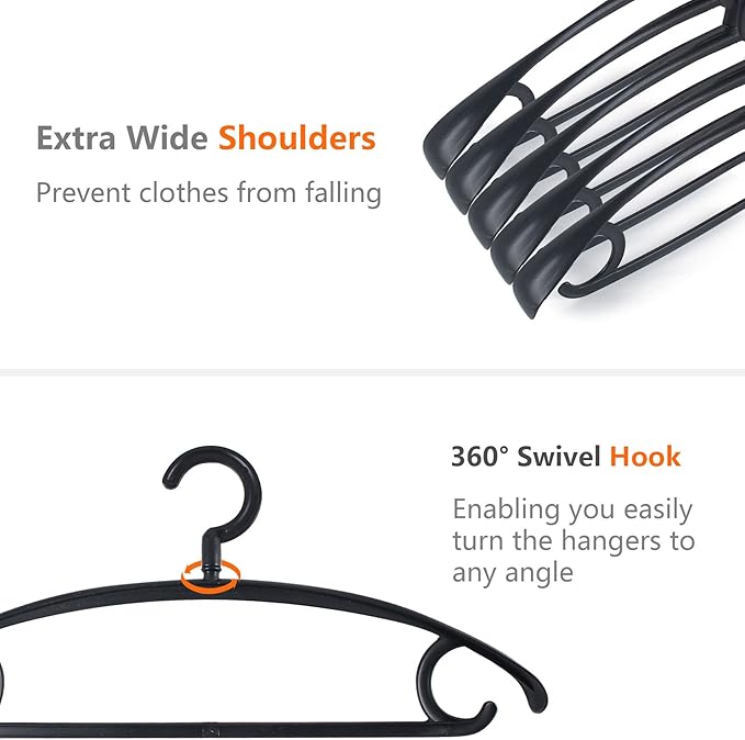 DEDU Plastic Clothes Hangers 36 Pack, Extra Thick Wide Shoulder Coat Hangers with 360° Swivel Hook Non Slip, Sweater Hangers Suit Hanger for Suits, Sweater, Dresses, Pants (Black)