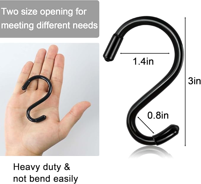 3 Inch 12 Pack Small S Hooks,Heavy Duty S Hook for Hanging Plants,Vinyl Coated Non Slip Black S Hook Pot Rack Closet Hooks for Hanging Clothes, Kitchen Utensil, Pots, Pans, Bags ﻿