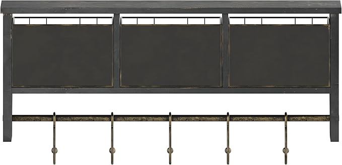 Flash Furniture Daly Wall Mounted Storage Rack - Blackwashed Solid Pine Wood - 24 Inch - Upper Shelf - 5 Hooks - Wire Baskets - For Entryway, Kitchen, Bathroom