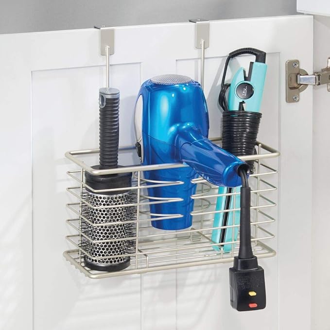 mDesign Steel Over Cabinet/Door Hair Dryer Holder Storage, Hair Styling Tool Organizer Basket for Bathroom - Blow Dryer, Flat Iron, Curling Wand, Straightener, Linelle Collection - Satin