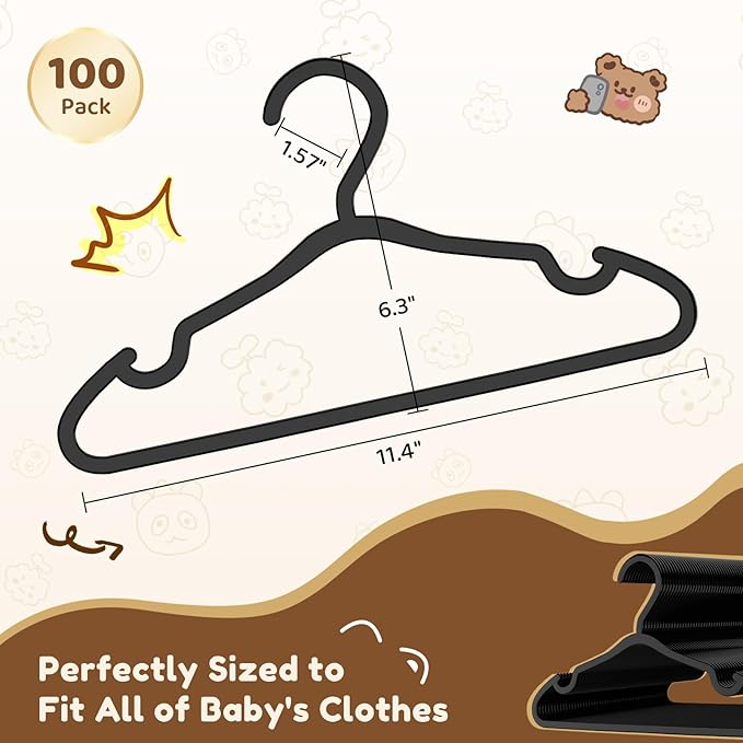 Plastic Kids Hangers - 100 Pack Non-Slip Baby Clothes Hangers for Closet, Toddler & Newborn Clothing Pants, Skirts, Coats (Black)